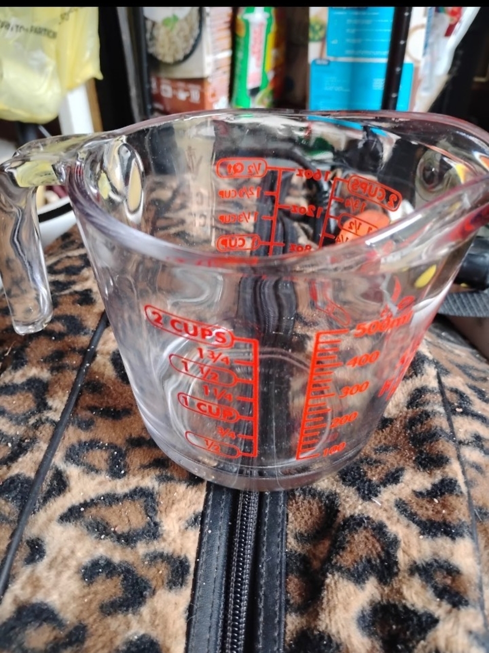 Clear Glass Measuring Cup with Red Measurement Markings